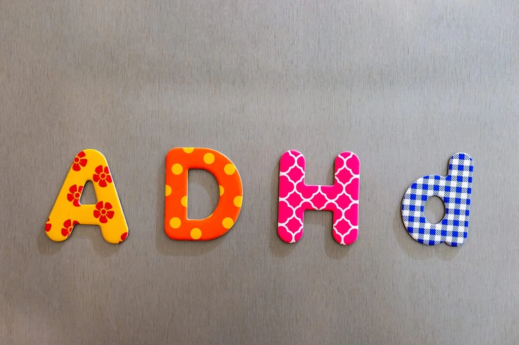 the word adhd spelled with different letters and colours